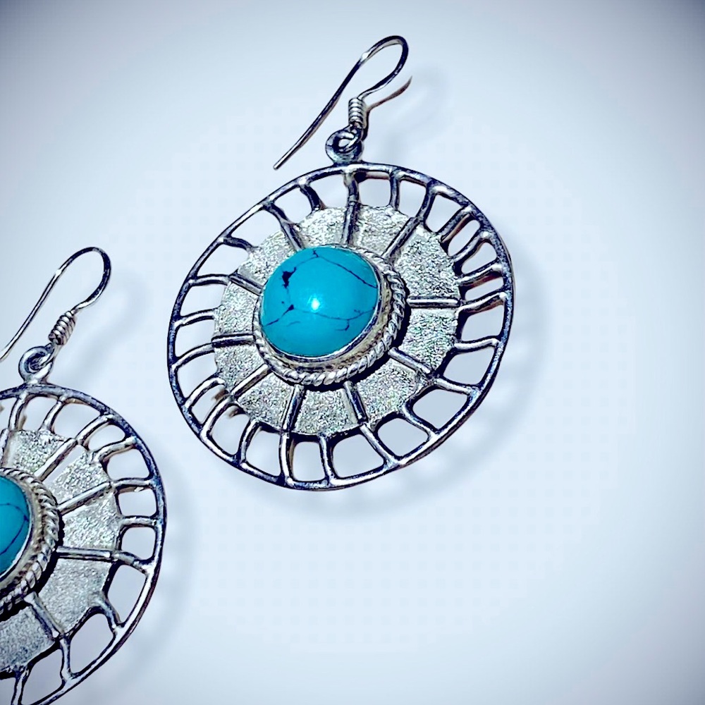 Vintage Turquoise Earrings Handmade in India Large Sun Dangle Earrings Sterling